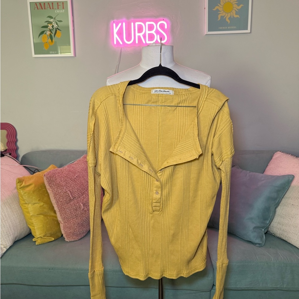 We The Free Yellow Ribbed Long Sleeve Henley Top